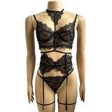 Women's Sexy Lingerie Set - Lace Patchwork See Through Bra & Garter Thongs  -  2024 Erotic Lingerie Costume