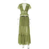 FDYOUI Sexy V-neck Lace Patchwork T-shirt Tops+Long Skirt 2 Piece Set Women's Summer Green Holiday Party Dress Suit Streetwear