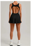 New Large Backless Tennis Dresses Women Solid Color Sleeveless Glare Pleated Yoga Skirt with Pocket Shorts Running Fitness Dress