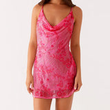 Women Summer Fashion Sleeveless Swing Collar Back Bandage Mini Dresses Flower Sequins Beaded Embroidery Cowl Neck Cami Dress