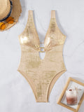 DEKA Gold One Piece Swimsuit with Metal Ring V Neck Swimwear for Women Tummy Control Slimming Halter Bathing Suits Summer Femal