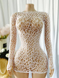 Women Sheer Mesh Long Sleeve Beach Cover Up, Sexy See-Through Fishnet Dress, Solid Bodycon  For Summer Beach Party