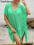 Short Sleeve V Neck Hollow Out Crochet Knitted Tunic Beach Dress Beach Wear Beachwear Beach Cover Up Cover-upsFemale Women V8061