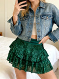 Fashion Women Mini Skirt Elastic Waist Sequins Layered A-Line Skirt for Party Club Vacation Streetwear Summer