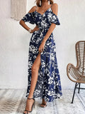 New Summer Women Print Dress 2025 Fashion Elegant  Vacation Party Short Sleeve Slim V-neck Slit Long Dresses Vestidos Para Mujer