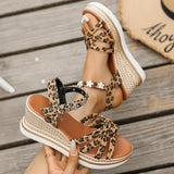 2025 Wedge Heel Leopard Print Sandals Women Fashion Crystal Flowers Thick Bottom Sandalias Mujer Cross Band Platform Sandles 43