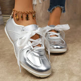 Sweet Ribbon Bowknot Ballet Flats for Women Plus Size 43 Gold Silver Platform Sneakers Woman Comfortable Soft Bottom Flat Shoes