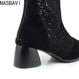 Fashion Women Knee High Boots Square Heel Zipper Sexy Lace Mesh Boots Spring Cool Boots Breathable Women's Shoes Botas De Mujer