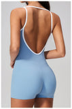 Tight Fitting One-piece Yoga Suit Women Color Bloack Square Collar Hollow Out Backless Butt-Lifting Gym Sports Short Jumpsuit