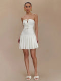 Bowknot Off Shoulder Strapless Party Short Dress for Women 2025 Elegent Lady White Pleated Mini Vestidos Female Backless Dress