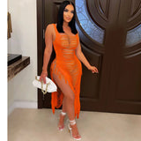DEKA Women Knitted Tassel Beach Bikini Cover Up Backless Crochet Long Beach Dress Swimwear Side Split Hollow Out Sundress