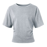 Y2k Solid Cotton O-Neck Ruched Waist Short Top Women Short-Sleeved Loose T-Shirt Causal All-Match Short Summer Basic T Shirts