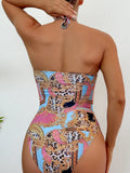 2026 Halter Hollow Swimsuit One Piece Sexy Print Ring Link Swimwear Women Bathing Swimming Swim Suit Padded Beachwear Summer XXL