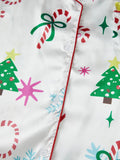 Women's Christmas Satin Pajama Set Long Sleeve Lapel Santa Claus/Christmas Tree Print Shirt Shorts Two Pieces Sleepwear