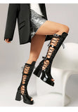 Plus Size Women Black Patent Matte Leather Lace Up Knee High Boots Peep Toe Platform Block Heel Back Zip Gothic Y2K Party Heels