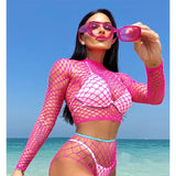 1 Set Women Long Sleeve See-Through Fishnet Cover Up Hollow Out Tassel Bodycon Beachwear Dress