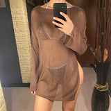Sexy Long Sleeve See Through Top  Mesh Sheer Tunic Beach Cover Up Cover-ups Beach Dress Beach Wear Beachwear Female Women V3557