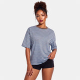 Summer Women's Loose T-shirt Casual Stylish Striped Crew Neck Short Sleeve Drop Shoulder Tee Tops