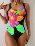 Vintage Black Big Floral Print One Piece Swimsuit 2026 Women U Neck Slim Tummy Control Swimwear Holiday Bathing Suit Monokini