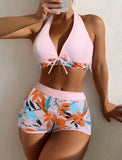 2026 Summer Women's Print Patchwork Swimsuit Sexy Deep V Neck Back Lace-up Swimwear High Waist Shorts Tankini Bathing Suit Beach