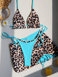 2026 Summer Leopard Print 3 Pieces Suit Swimwear Reversible Sexy Halter Lace-up Bikini Set Drawstring Skirt Cover Up Beachwear