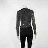 Women Rhinestone Fishnet T-shirt Solid Color Long Sleeve Crop Tops See Through Hollow Out Sexy Shirts Female Smock Tops