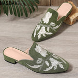 NASBAVI Fashion 3d Embroidery Mules Women Fur Slippers Velvet Shoes Ladies Low Heel Flower Decoration Sandals Women's Flip Flops