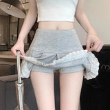 High-Waisted Skirts for Women Korean Fashion Lace Spliced Pleated Skirt Ladies Summer All-Match Anti-Glare Mini Skirt