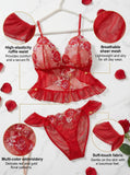 Floral Embroidery Lace Lingerie Set Sexy Women Sheer Mesh Ruffle Trim Cami Top And Panty 2 Piece Sleepwear