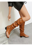 Plus Size Women Open Toe Thong Knee High Boots Metal Buckle Ruched Mid Block Heel Tall Sandal Boots Fashion Streetwear Long Boot