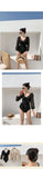 Long Sleeve Korean Style One Piece Swimwear Women Solid Black Mesh Patchwork Belt Push Up Bathing Suit Swimwear Monokini 2025