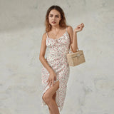 Women Summer Floral Print Party Club Midi Dress Sleeveless Spaghetti Strap Bustier Backless Thigh Slit Slim Dress