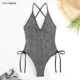DEKA Sequins One Piece Swimwear Shiny Deep V Swimsuit Female Monokini Sexy Women's Push Up Glitter Swimsuit