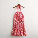 Sexy Red Floral Print Backless Summer Women Boho Mini Dress Bodycon Sleeveless Beach Lace Up Bowknot Dropshipping Dress Sundress