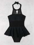 2026 Halter String Solid Swimsuit One Piece Sexy Black MeshSwimwear Women Bathing Suit Female Swimming Summer Beachwear Bodysuit