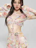 Bikinis Set Swimsuit Women Sweet Floral Prints Summer Girlish Sexy Ruffles Korean Style High Waist Swimwear Fashion Beach Wear
