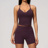 New Yoga Sets Women V Neck Back Criss Cross Sports Tank Top High Waist Butt Lift Shorts Fitness Suit Gym Running Workout Clothes