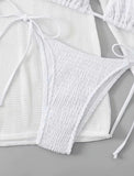 2026 Beach Skirt Swimsuit Women White Three-Piece Bikini Sexy Mesh Long Sleeve Hollow Out Bathing Suit Swimwear Summer Beachwear