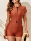 2026 Zipper Swimsuit One Piece Short Sleeves Swimwear Women Sexy Solid Bathers Bathing Swimming Swim Suit Female Beachwear