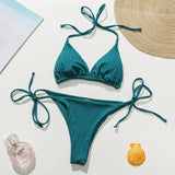 Sexy Ribbed Halter Micro Thong Bikini Female Swimsuit Women Swimwear Two-pieces Bikini Set Mini String Bather Bathing Suit Swim