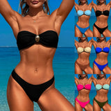 Womens Bandeau Strapless Bikini Set Metal Ring Decor Front Twist Two Piece Swimsuit Sexy Backless Cheeky Brazilian Bathing Suits