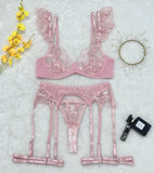 sexy lingerie embroidered see-through mesh bra with underwire four-piece set