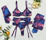 Toucheart Erotic Lingerie Leopard Print 5-piece Set with Gloves and Stockings Tie-dye Printed Sexy Hot Lingerie Suit for Women