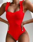 2023 Vintage Swimsuit Women One Piece Ruffle Strap Swimwear Female Push Up Monokini Padded Beach Bathing Suits Black Bodysuits