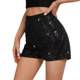 Women Shorts Shiny Sequin High Elastic Waist Straight Slim Fit Soft Breathable Above Knee Length Club Party Beach Mini Shorts