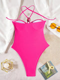 2026 Summer Women's One-piece Suit Swimwear Sexy Hollow Out Neck Lace-up Bodysuit Beachwear High Waist Push Up Bathing Suits