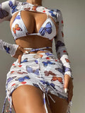 Long Sleeve Printed Halter Bikini Female Swimsuit Women Swimwear Four-pieces Bikini Set with Mesh Skirt Bathing Suit Beach Wear