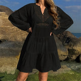 2025 Long Sleeve Hollow Out Crochet Knitted Tunic Beach Cover Up Cover-ups Beach Dress Beach Wear Beachwear Female Women K6674