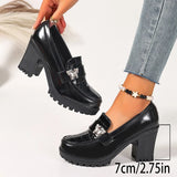 Crystal Butterfly High Heels Loafers Women Plus Size 42 Slip On Platform Pumps Woman Fashion Chunky Heel Pu Leather Shoes Ladies