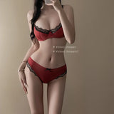 Elegant Red Satin Lingerie Set, Zodiac Inspired Bra Small Chest, Push Up Gathers Anti Sagging, Sensual Lace Bralette Women Tushy